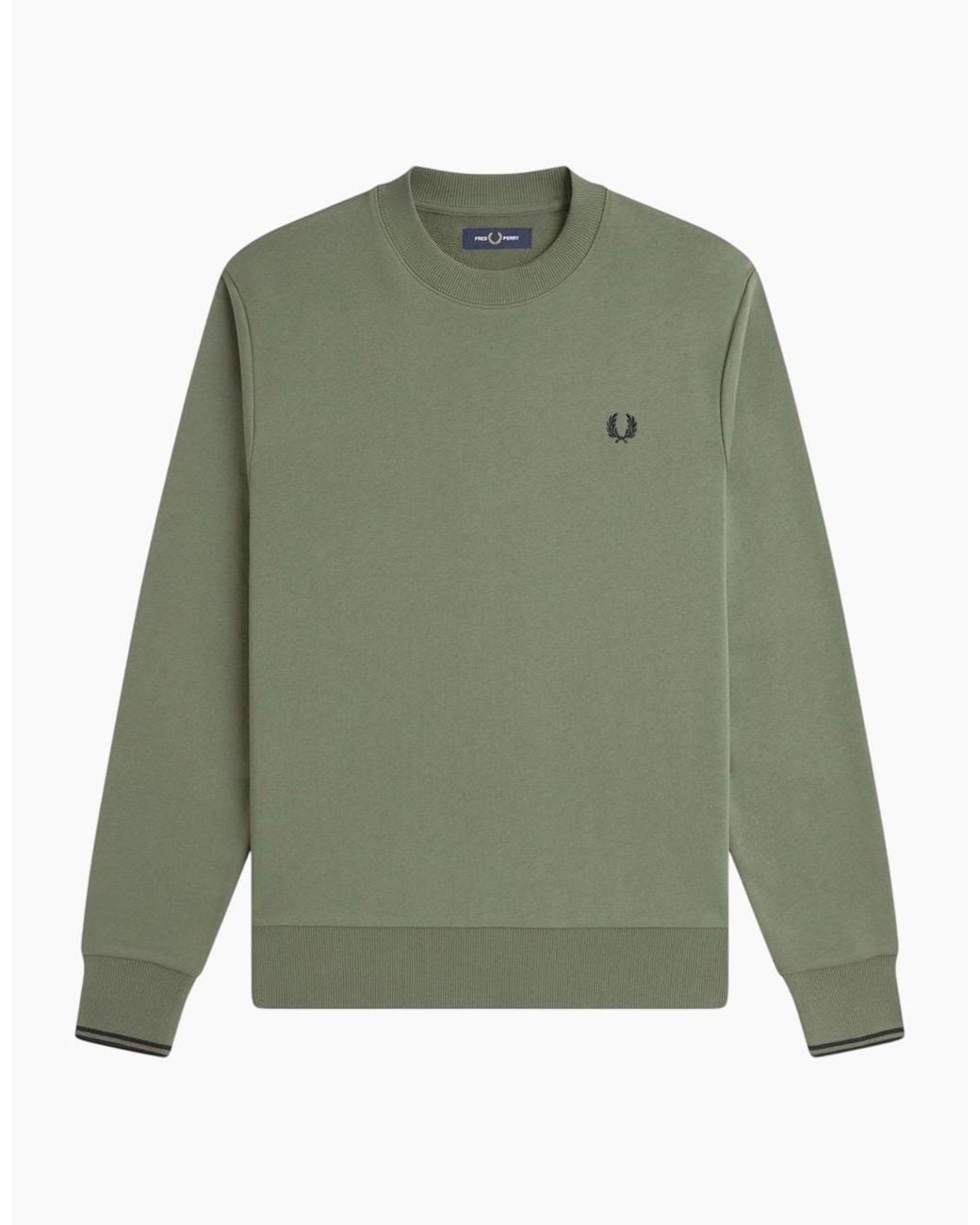 Fred Perry Green Crew Neck Sweatshirt Embroidered Logo Pullover Cotton for men