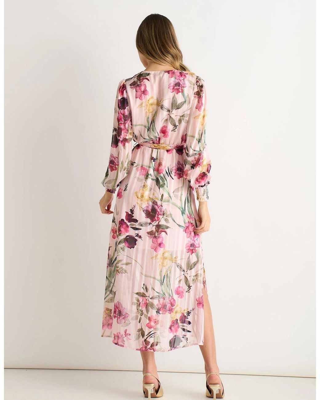 Gini London Pink Floral Print Sparkle Chiffon Wrap Midi Dress