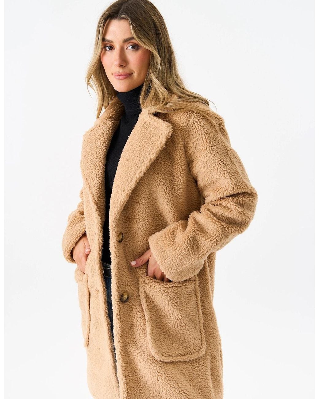 Gini London Blue Camel Faux Fur Longline Teddy Overcoat