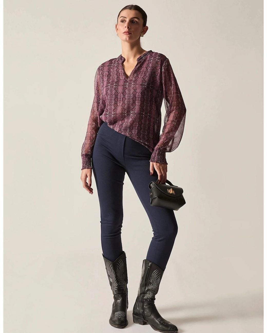 James Lakeland Purple Snake Print Sheer-Sleeve Blouse