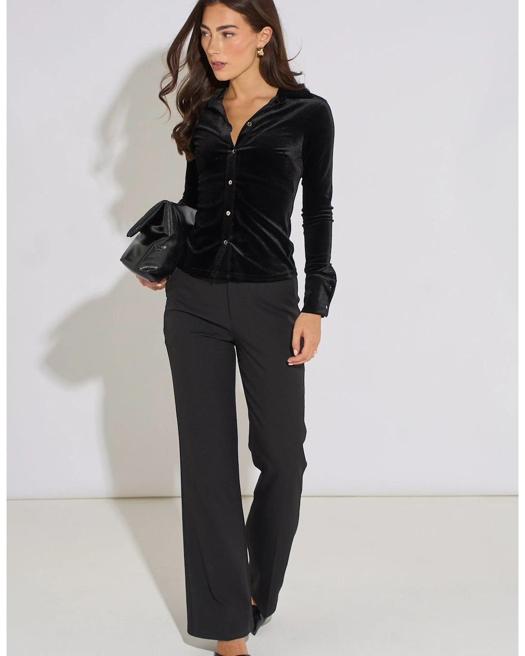 Gini London Black Velour Button Front Shirt