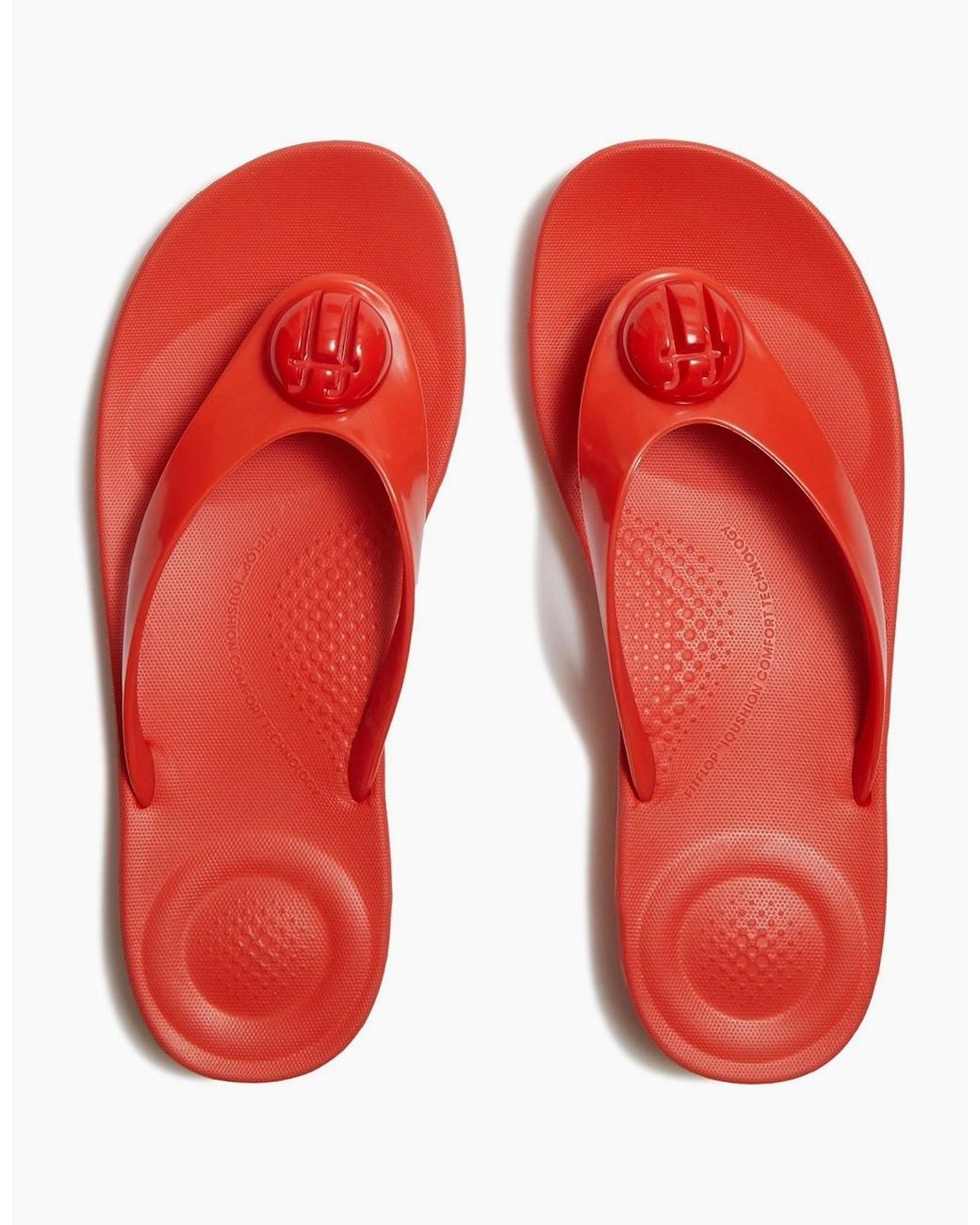 Fitflop Red Iqushion Glossy-Button Polyurethane Cherry Tomato Flip Flops