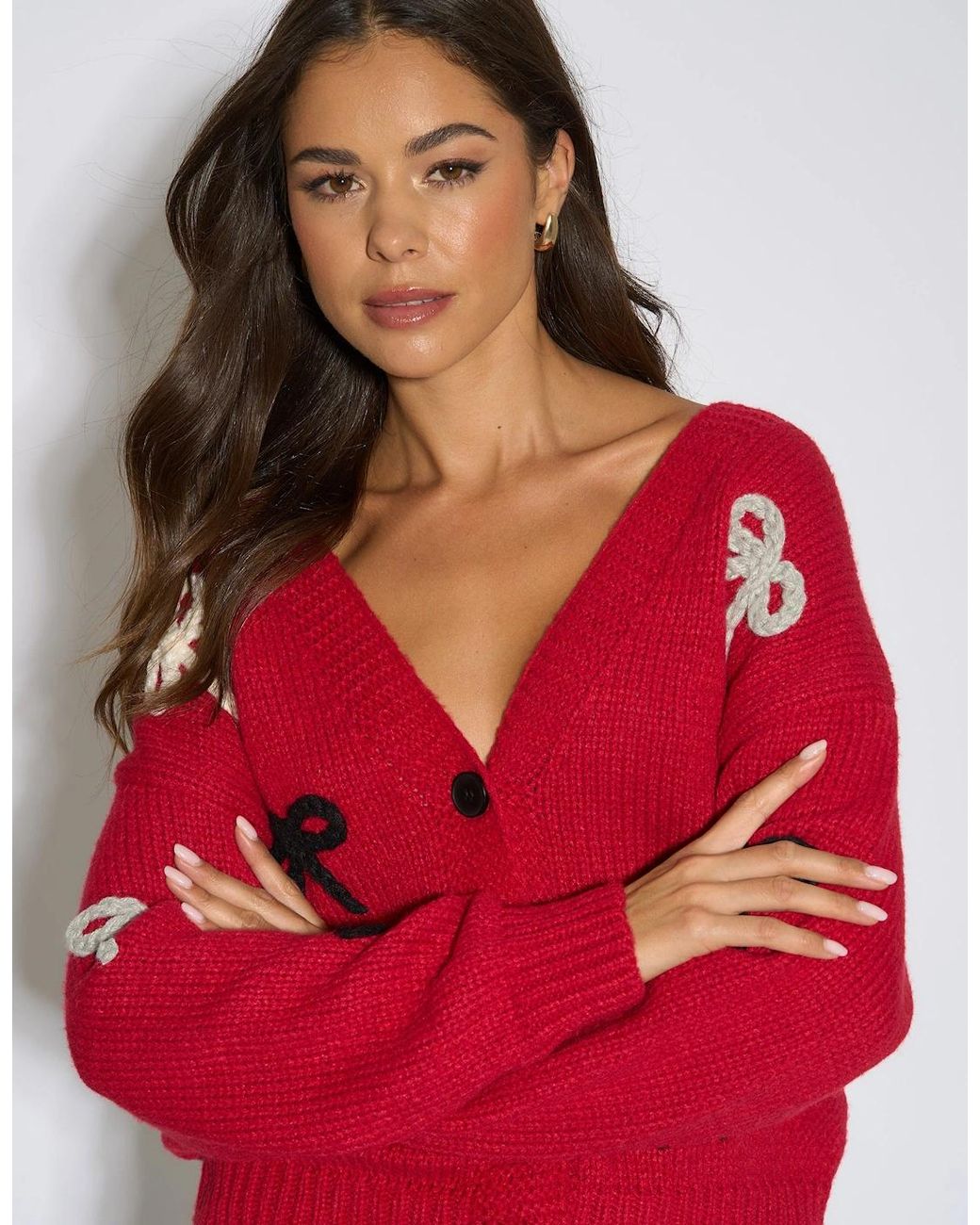 Gini London Red 3D Bow Long Sleeve Knit Cardigan