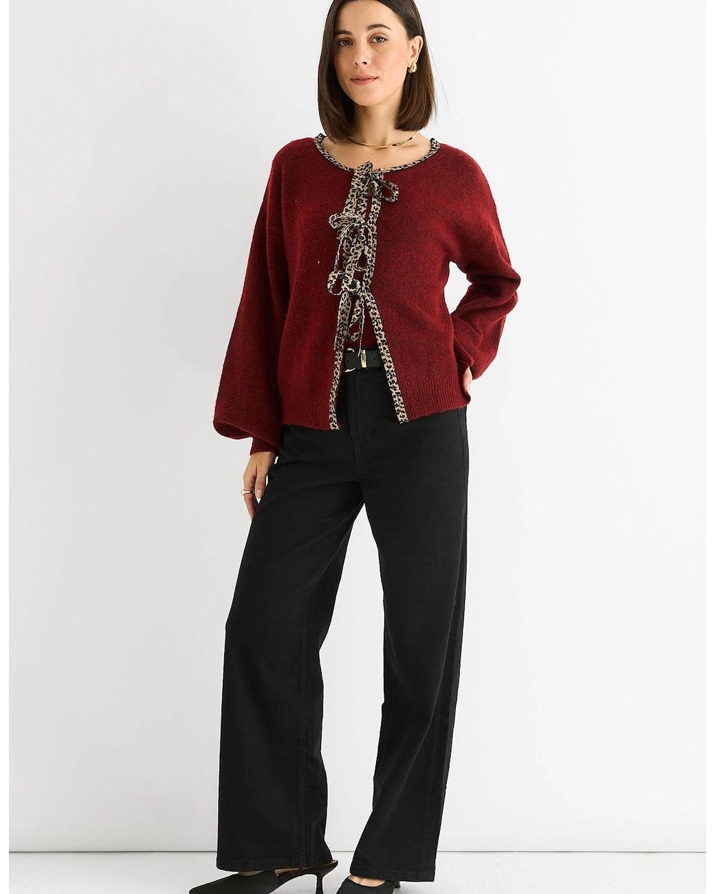Gini London Red Burgundy Contrast Animal Tie Oversized Knit Cardigan