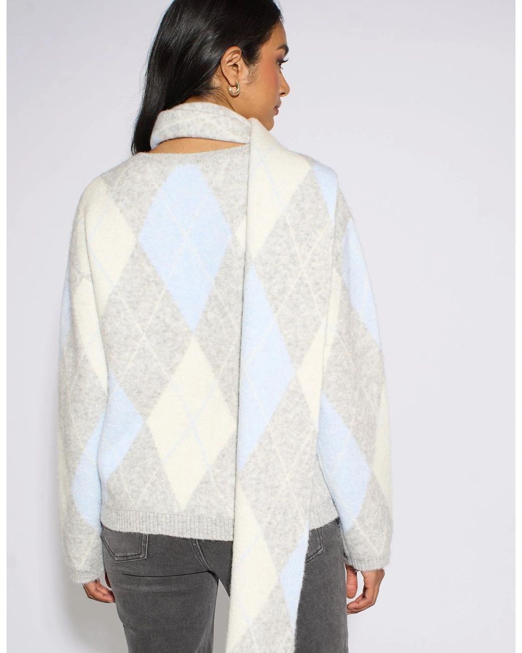 Gini London Gray Multi Argyle Soft Knit Scarf Jumper