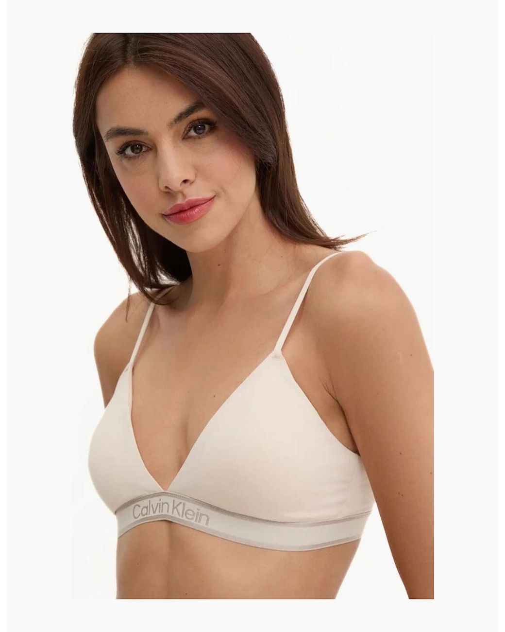 Calvin Klein White New Stone Logo Lightly Lined Triangle Bra, Sandshell