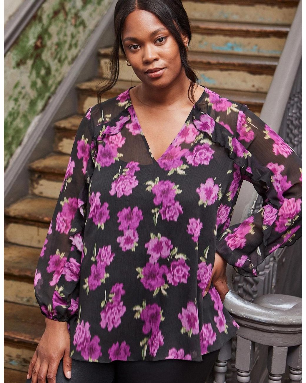 Live Unlimited London Purple Floral Print V Neck Ruffle Blouse