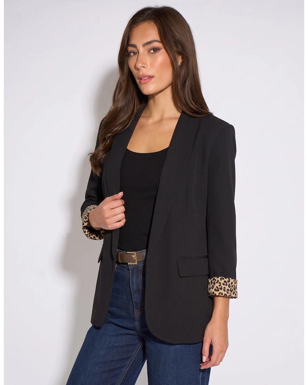Gini London Black Contrast Animal Edge To Edge Blazer