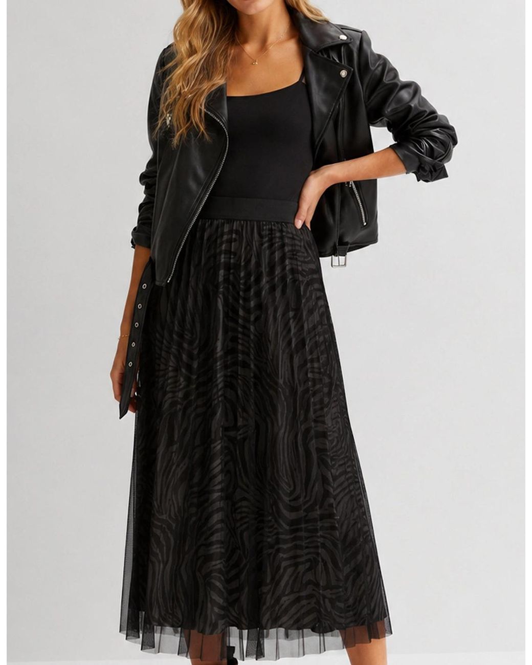 Gini London Black Animal Print Mesh Overlay Pleated Midi Skirt