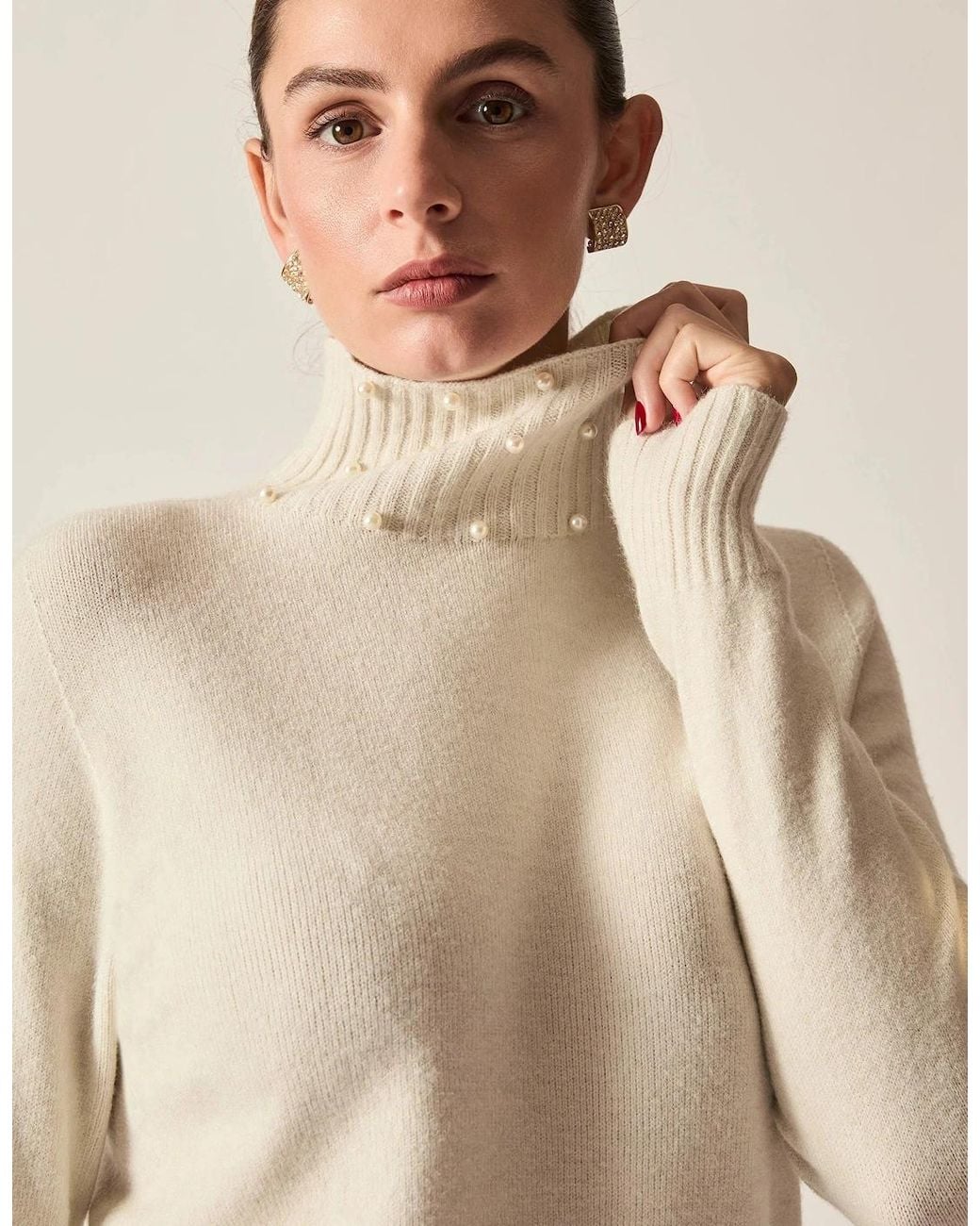 James Lakeland Natural Pearl-Embellished High-Neck Jumper