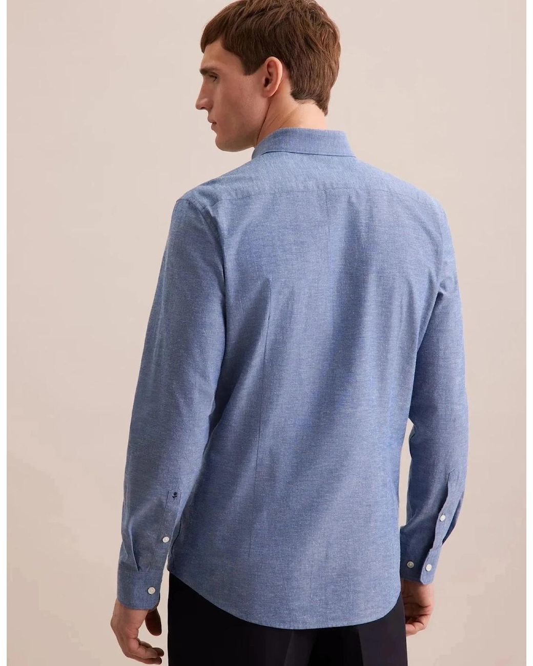 Seidensticker Blue Slim Fit Button Down Linen Blend Chambray Shirt Mid for men