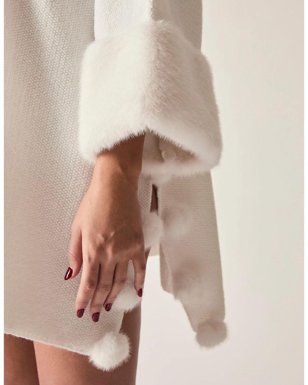 James Lakeland Natural Pom Pom Faux Fur Knit Poncho