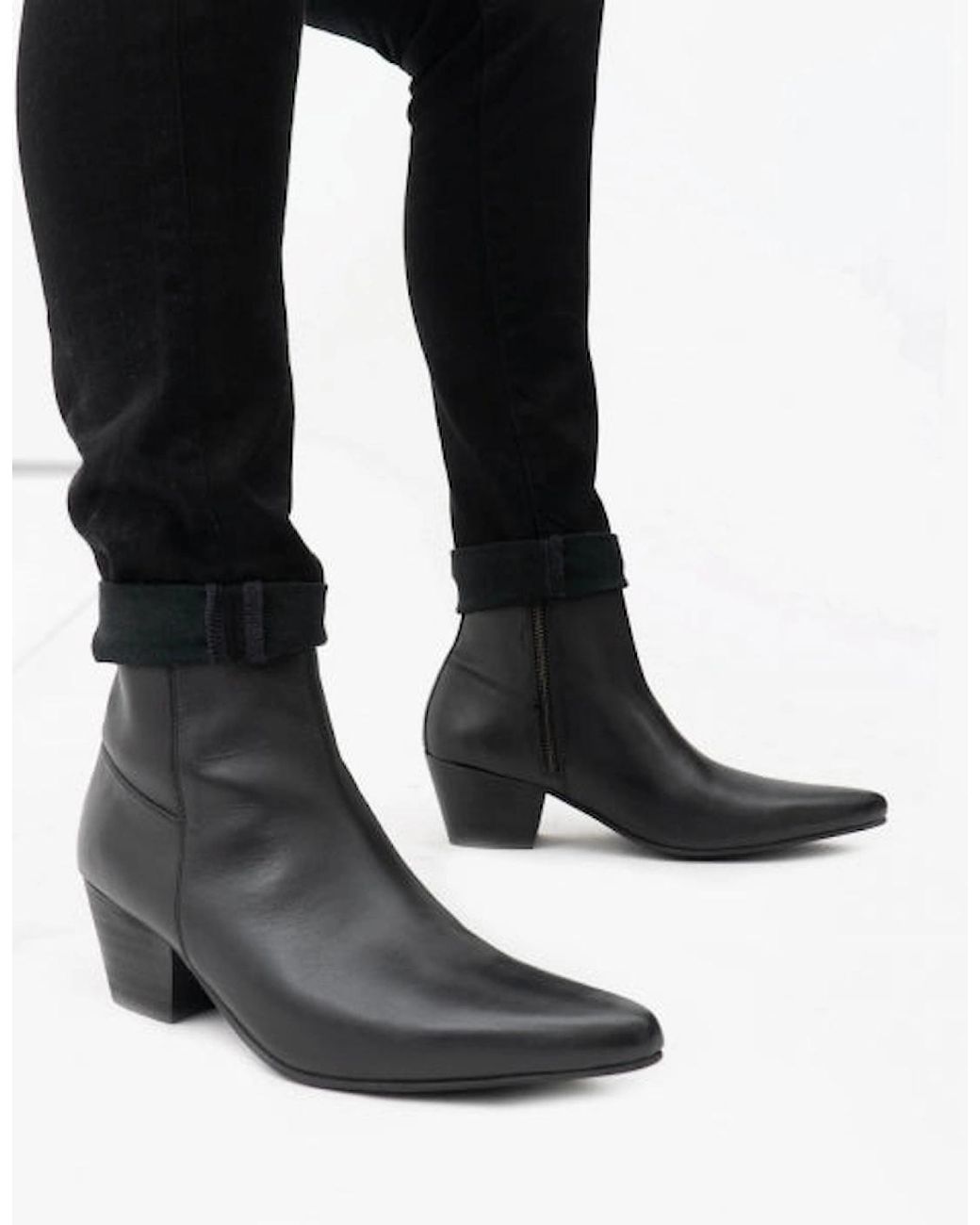 Club Cubano Black Lennon Leather Winklepicker Cuban Heel Boots for men