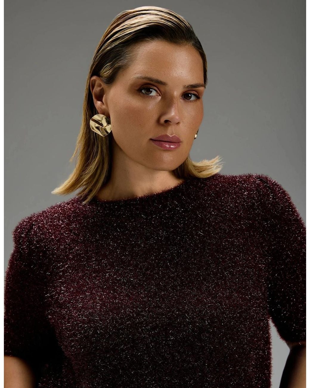 Live Unlimited London Brown Burgundy Sparkle Knitted Short Sleeve Jumper