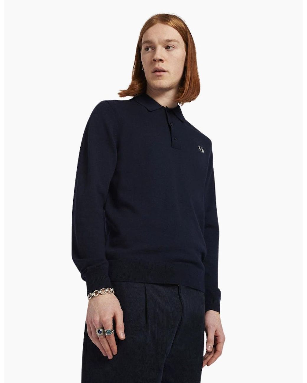 Fred Perry Blue Classic Knitted Long Sleeve Polo Shirt for men