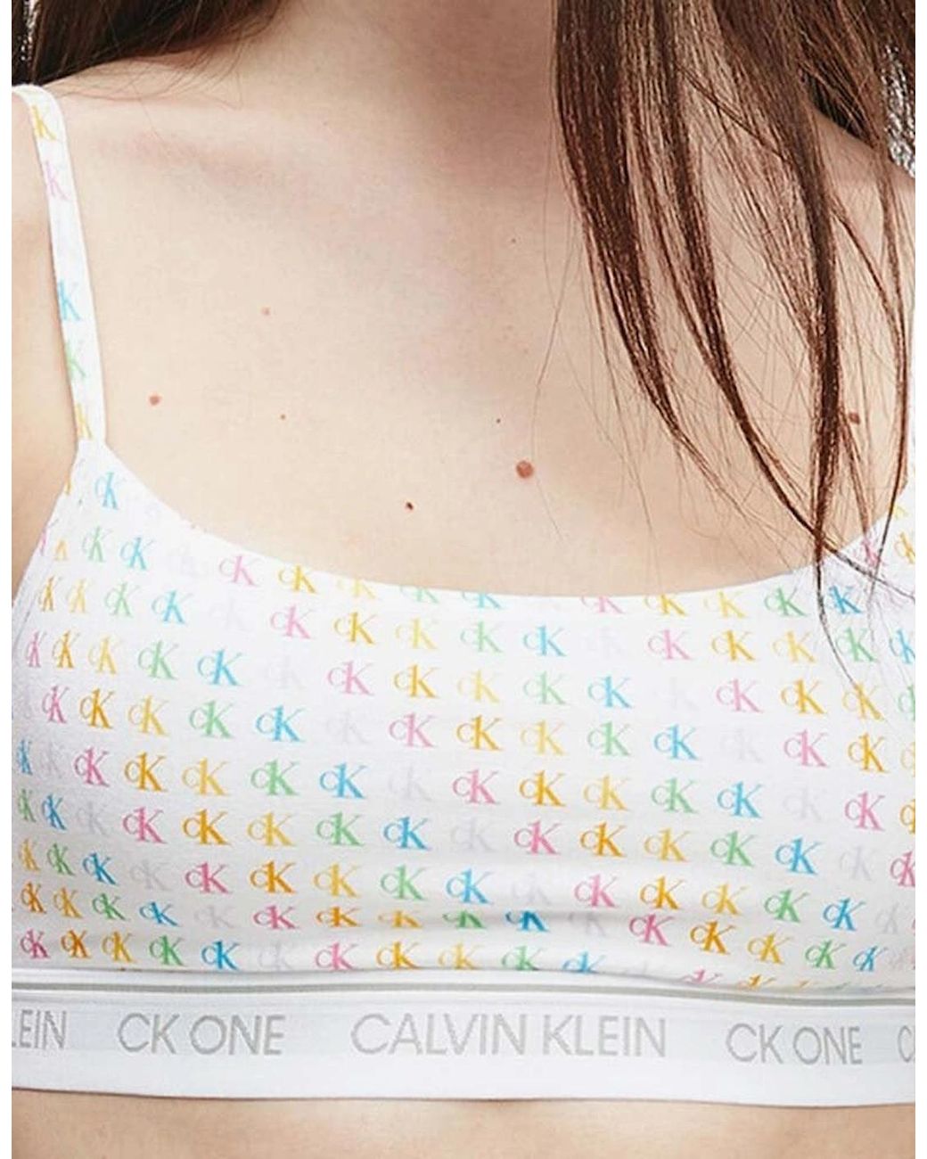 Calvin Klein Blue Ck One Cotton Modal Blend String Bralette, Pride Colours Mini Ck1 Logo Print