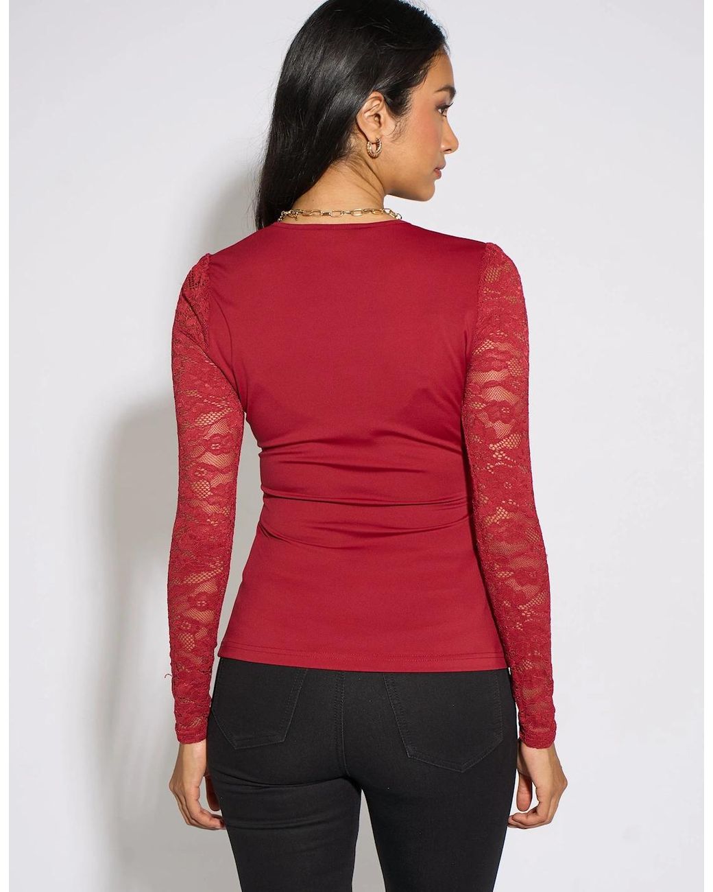Gini London Red Lace Sleeves Jersey Wrap Front Top