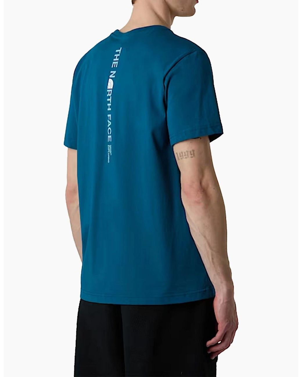 The North Face Blue Vertical Logo T-Shirts Crew Neck Short Sleeve Soft Cotton Tee for men