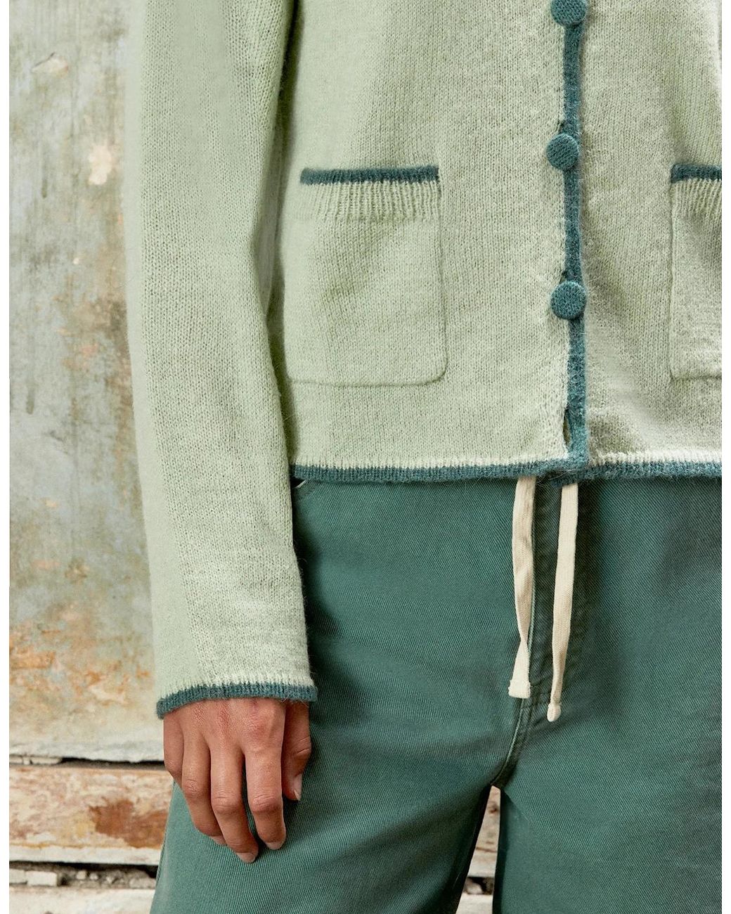Ro&zo Green Contrast-Stitch Knit Cardigan With Wool And Alpaca