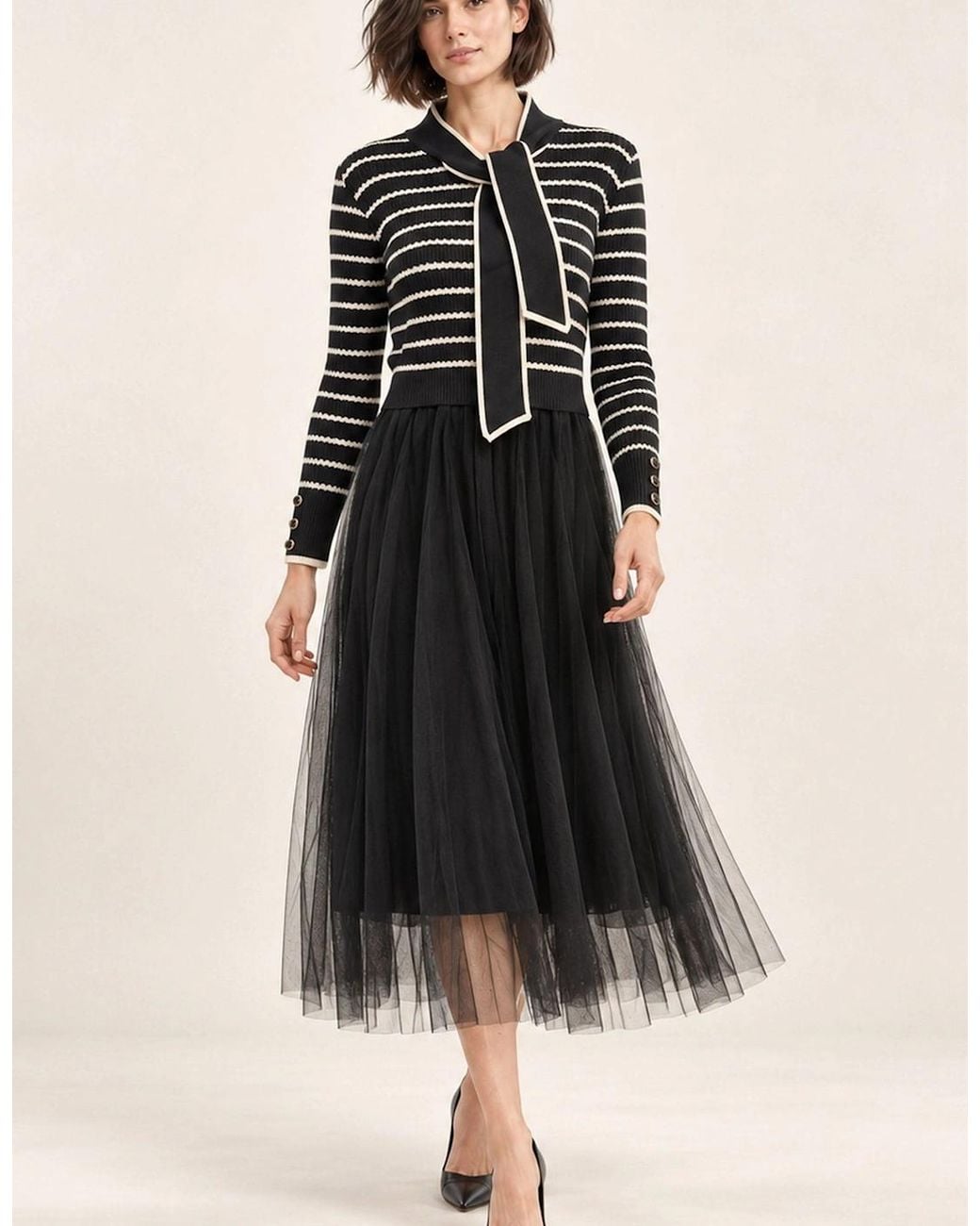 James Lakeland Black Striped Knit & Tulle Midi Dress