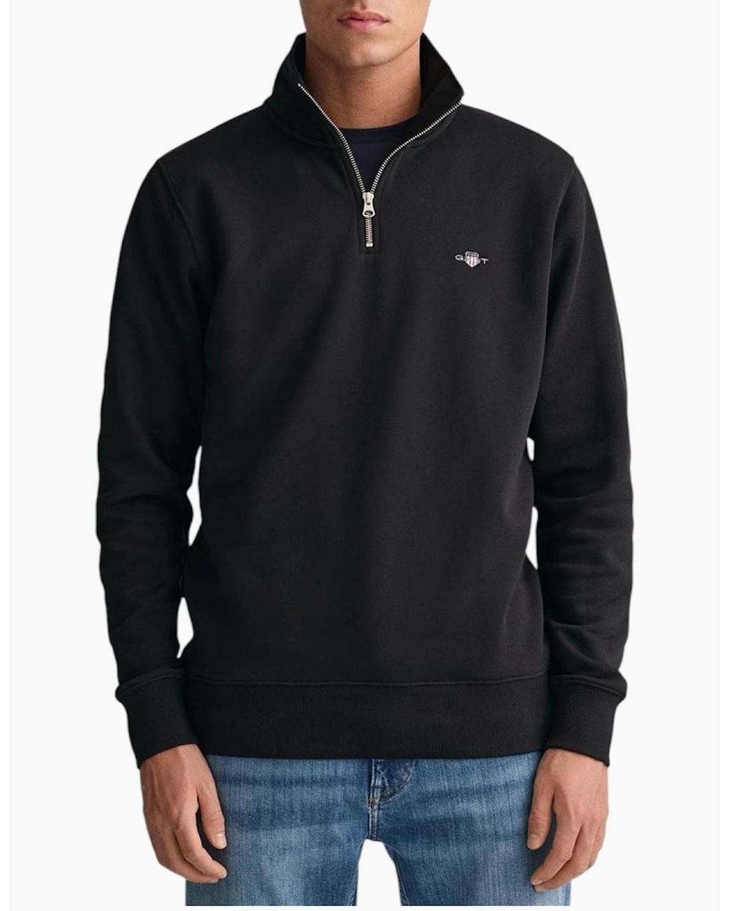 Gant Black Sweatshirt Embroidered Shield Half Zip Pullover Winter Jumper for men