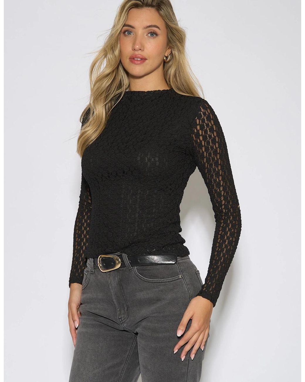 Gini London Black High Neck Jersey Lace Long Sleeve Top