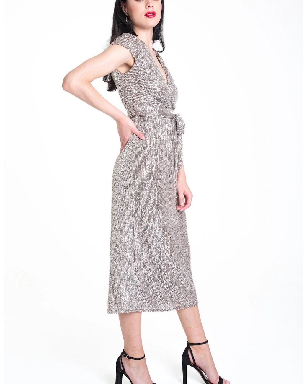 Gini London White Gun Metal Sequin Belted Midi Wrap Dress