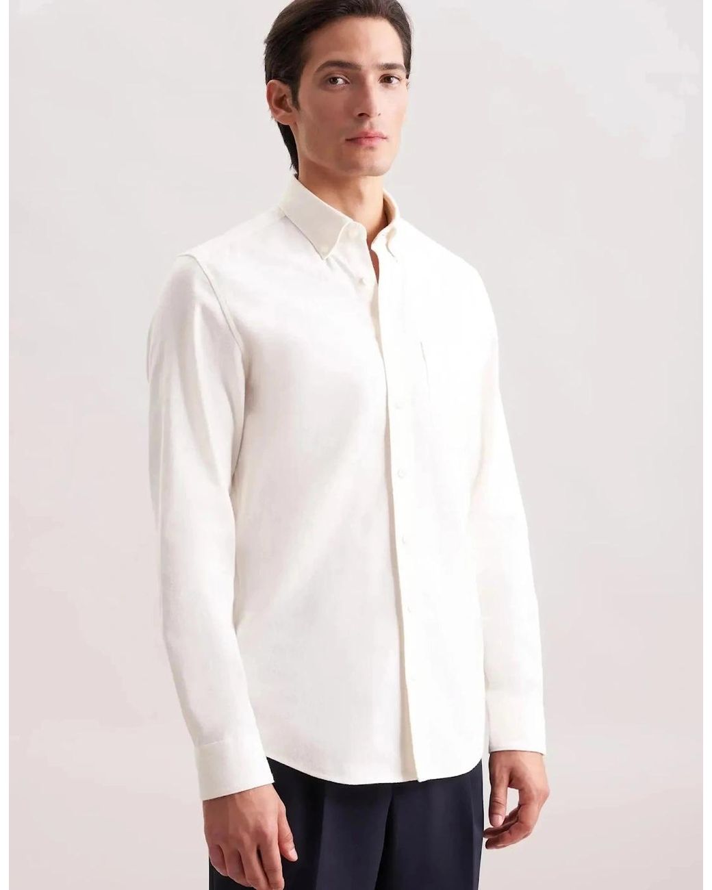 Seidensticker White Slim Fit Button Down Flannel Shirt Ecru for men
