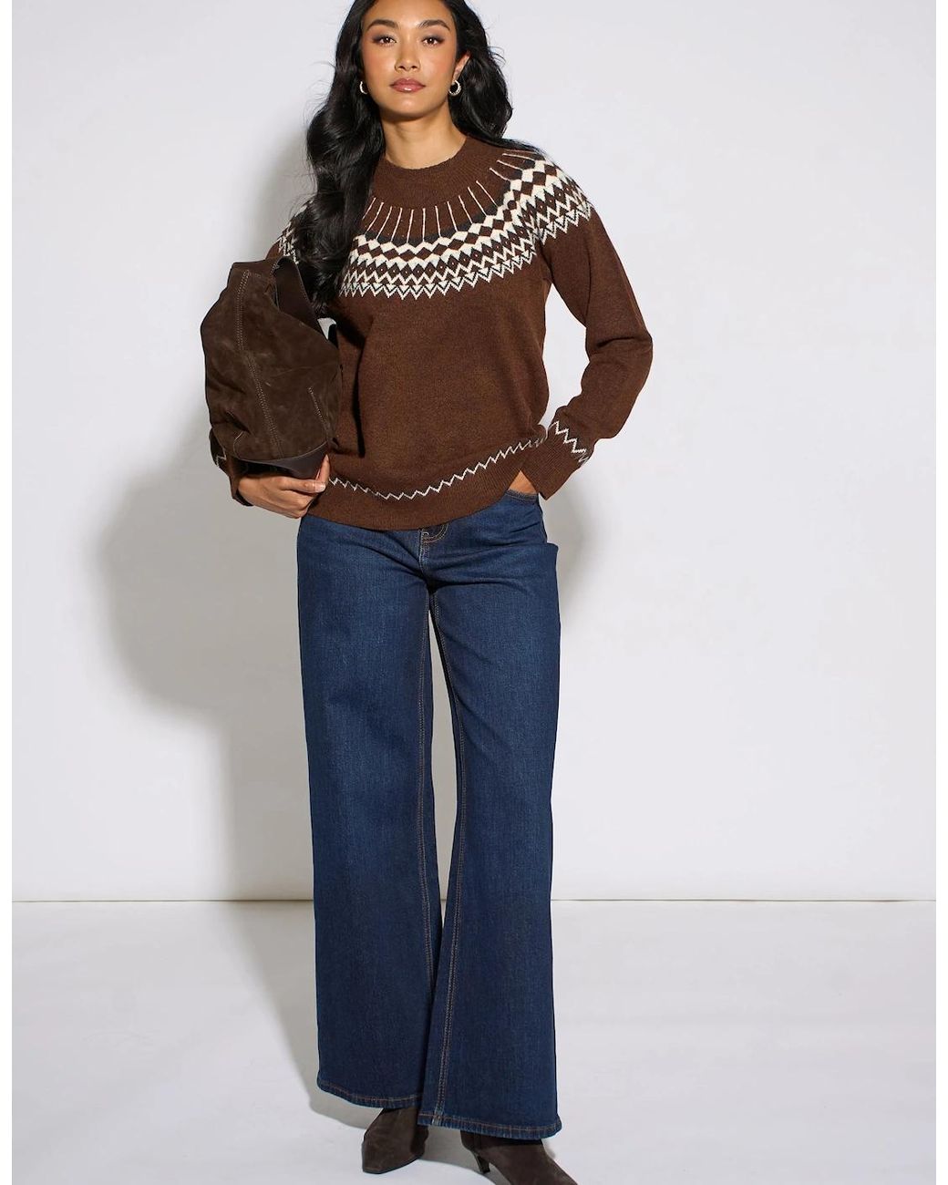 Gini London Brown Fair Isle Knit Jumper