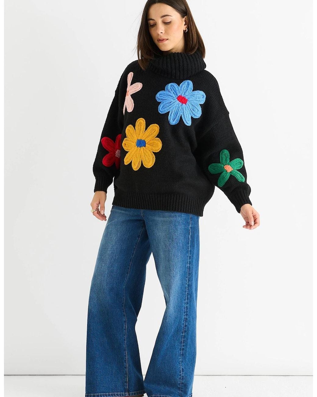 Gini London Blue Floral Design High Neck Jumper