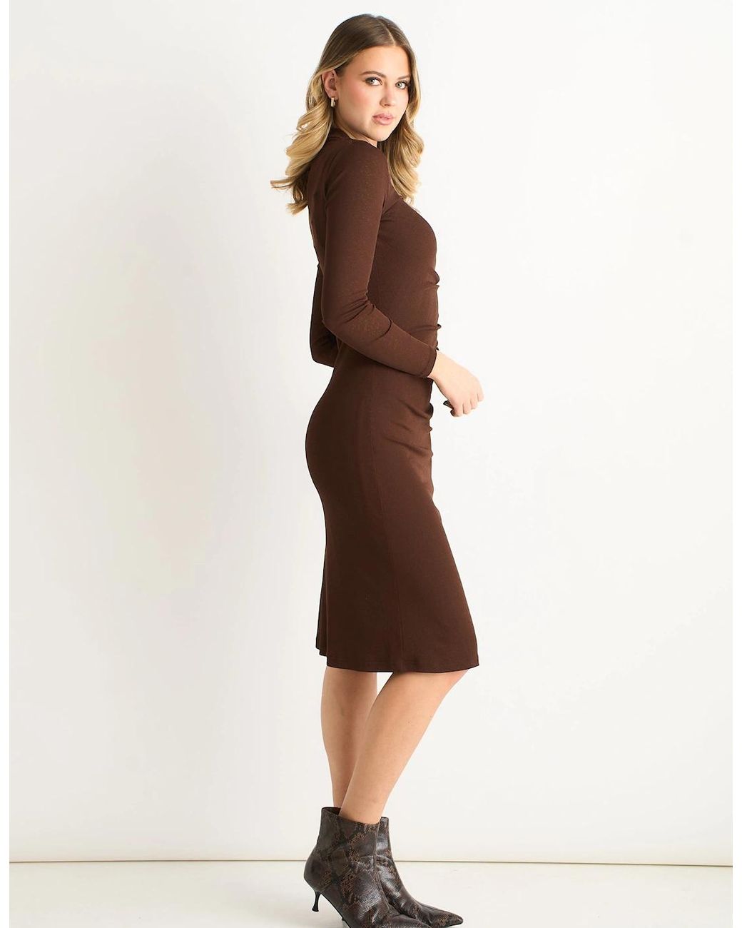 Gini London Brown Chocolate Ruched Jersey Long Sleeve Midi Dress