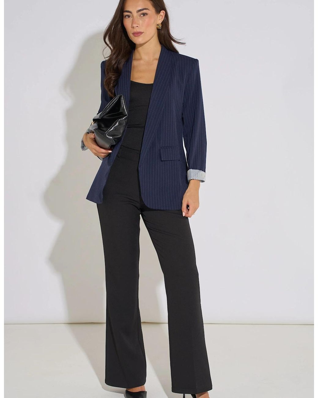 Gini London Blue Stripe Contrast Sleeve Edge To Edge Blazer