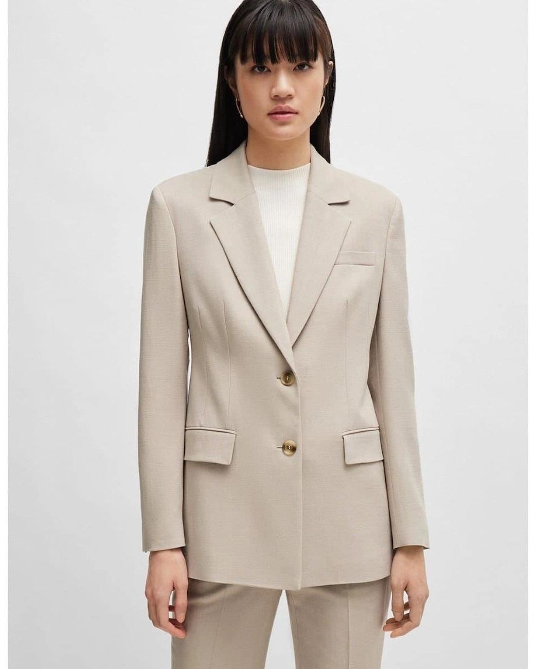 Boss Natural Solid Patterned Lapel Collared Suit Jacket