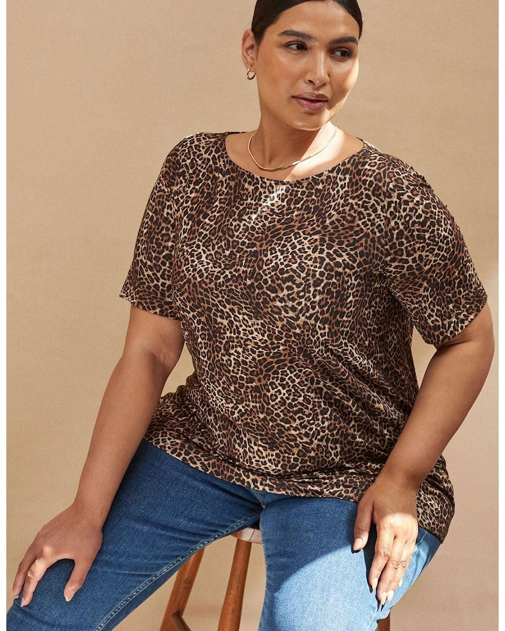 Live Unlimited London Natural Leopard Print Slash Neck Jersey T-Shirt
