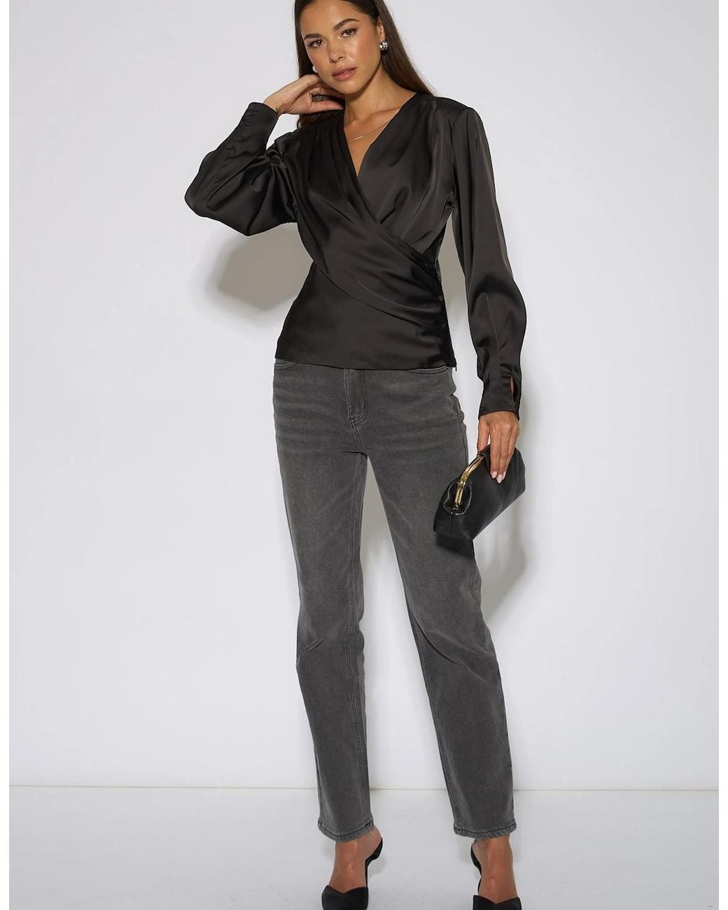 Gini London Black Satin Pleat Shoulder Wrap Top