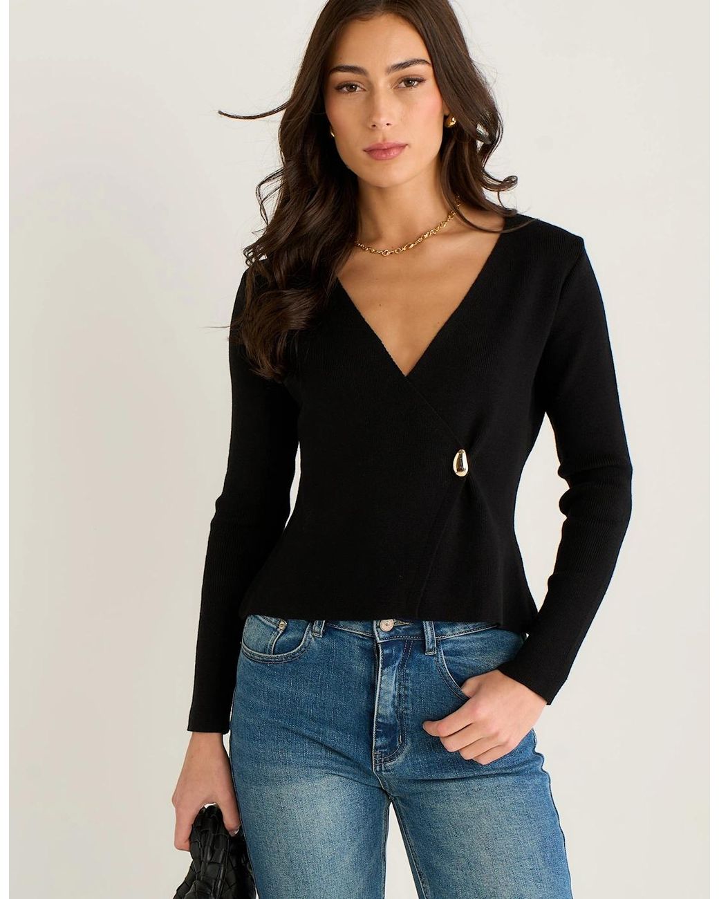 Gini London Black Button Wrap Compact Knit Cardigan