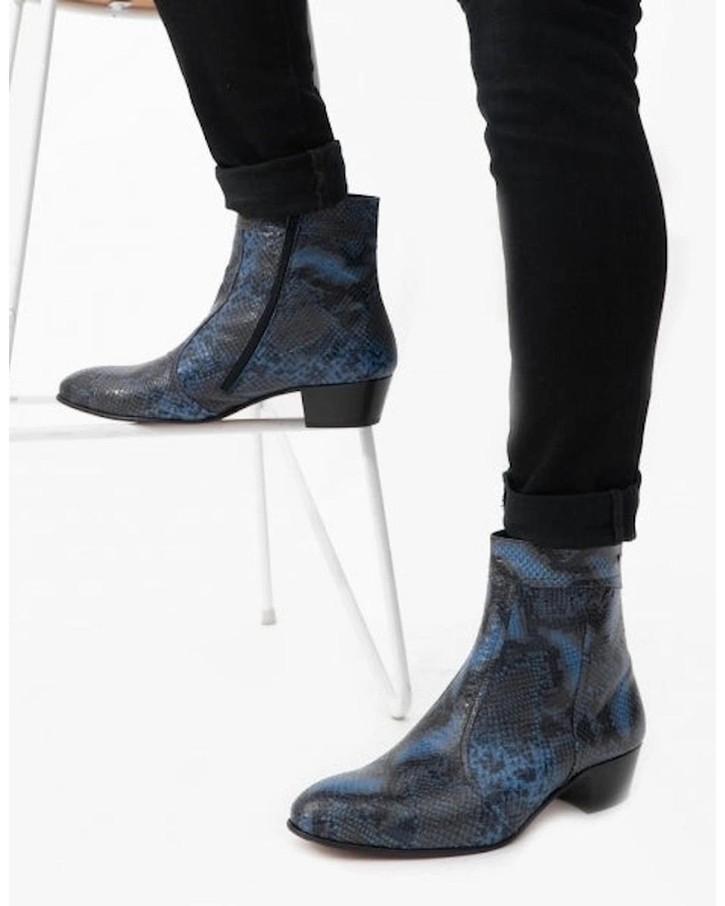 Club Cubano Blue Emmanuel Snakeprint Leather Cuban Heel Boots Azul for men