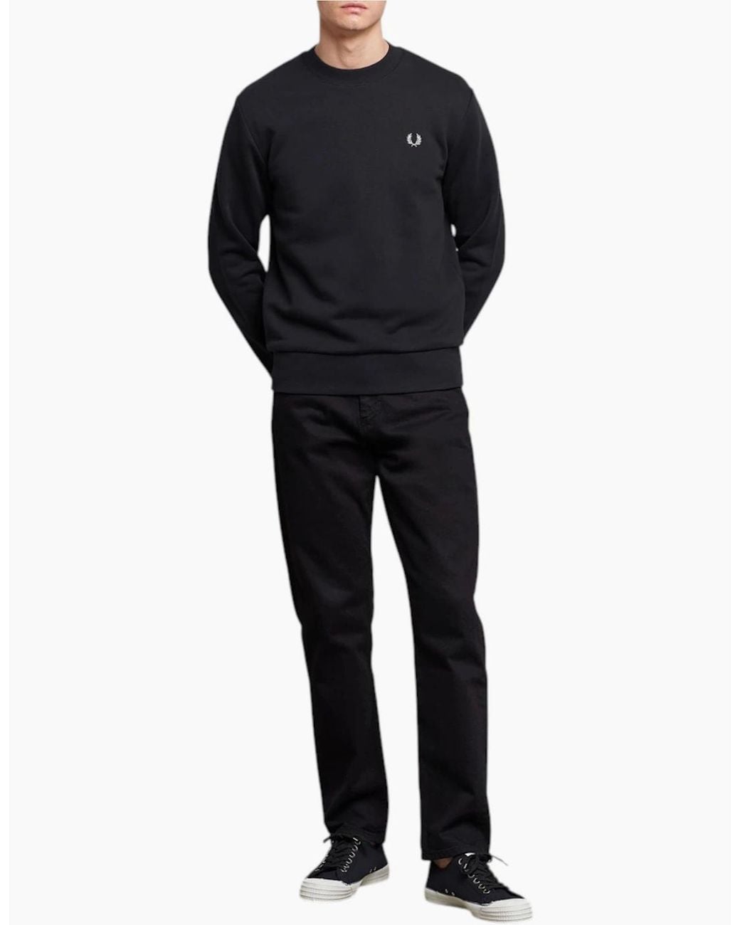 Fred Perry Black Crew Neck Sweatshirt Embroidered Logo Pullover Cotton for men