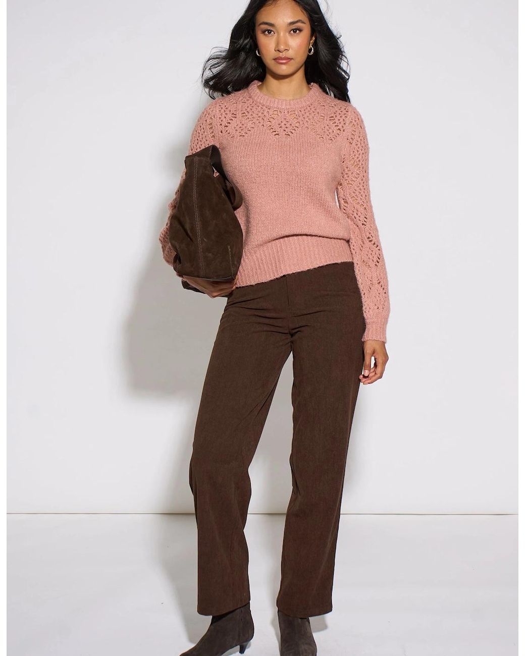 Gini London Pink Crochet Yoke Long Sleeve Jumper