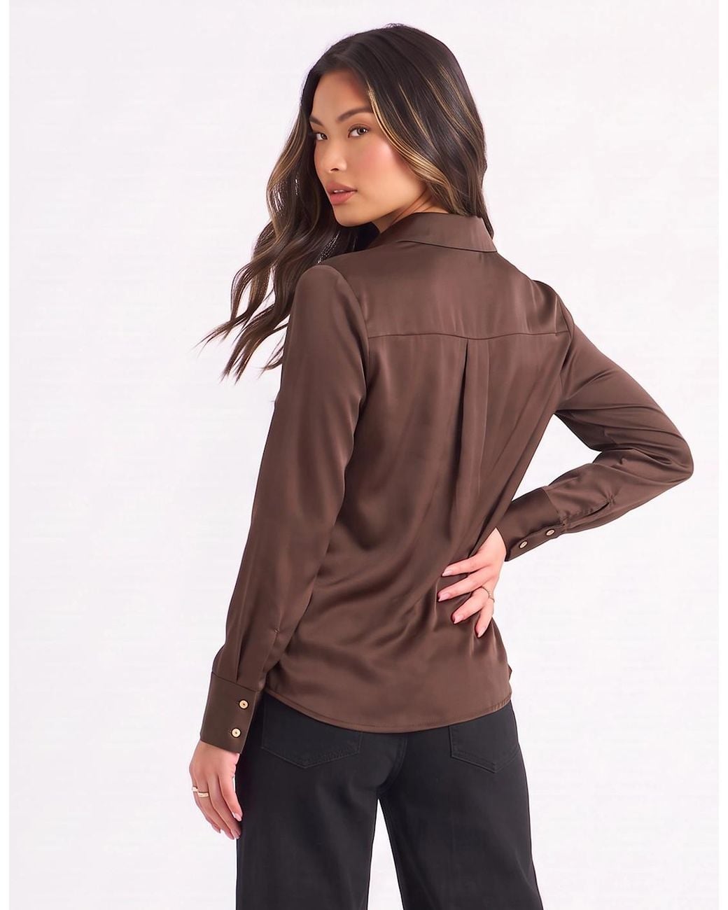 Gini London Brown Satin Loose Fit Button Through Shirt