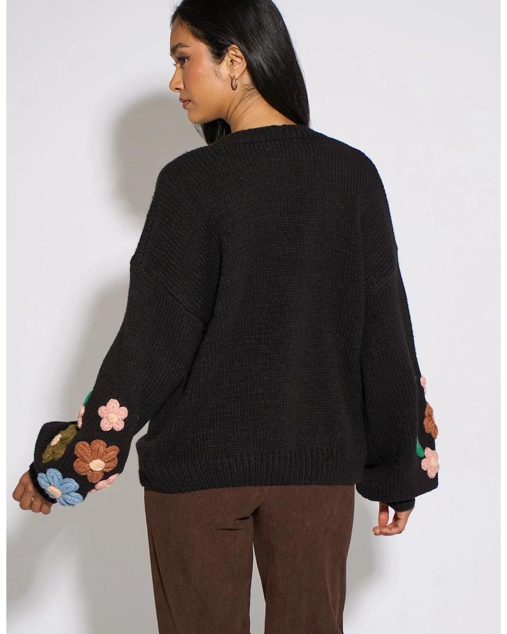 Gini London Black 3D Floral Sleeves Knit Cardigan