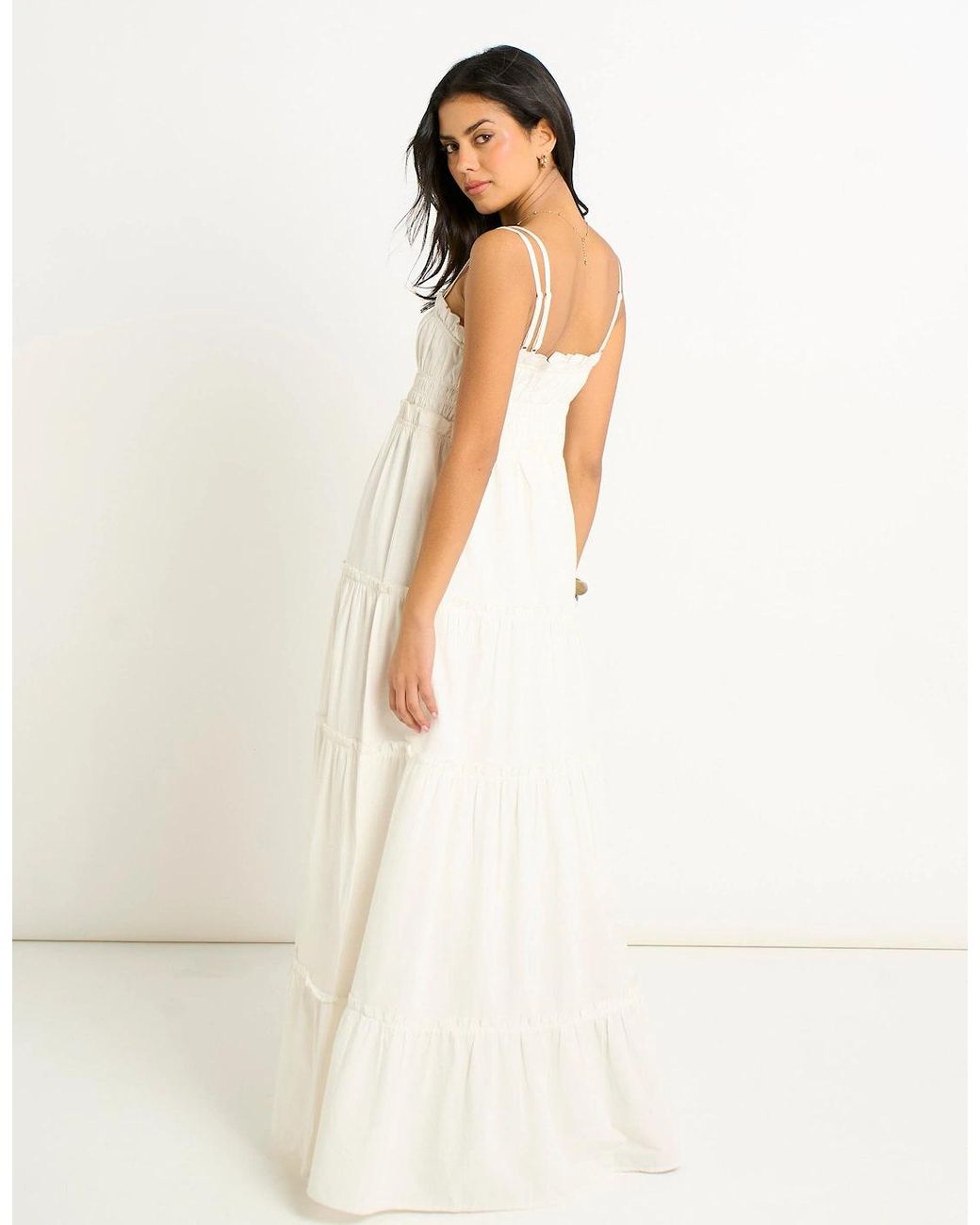 Gini London Natural Cotton Shirred Strappy Flare Maxi Dress