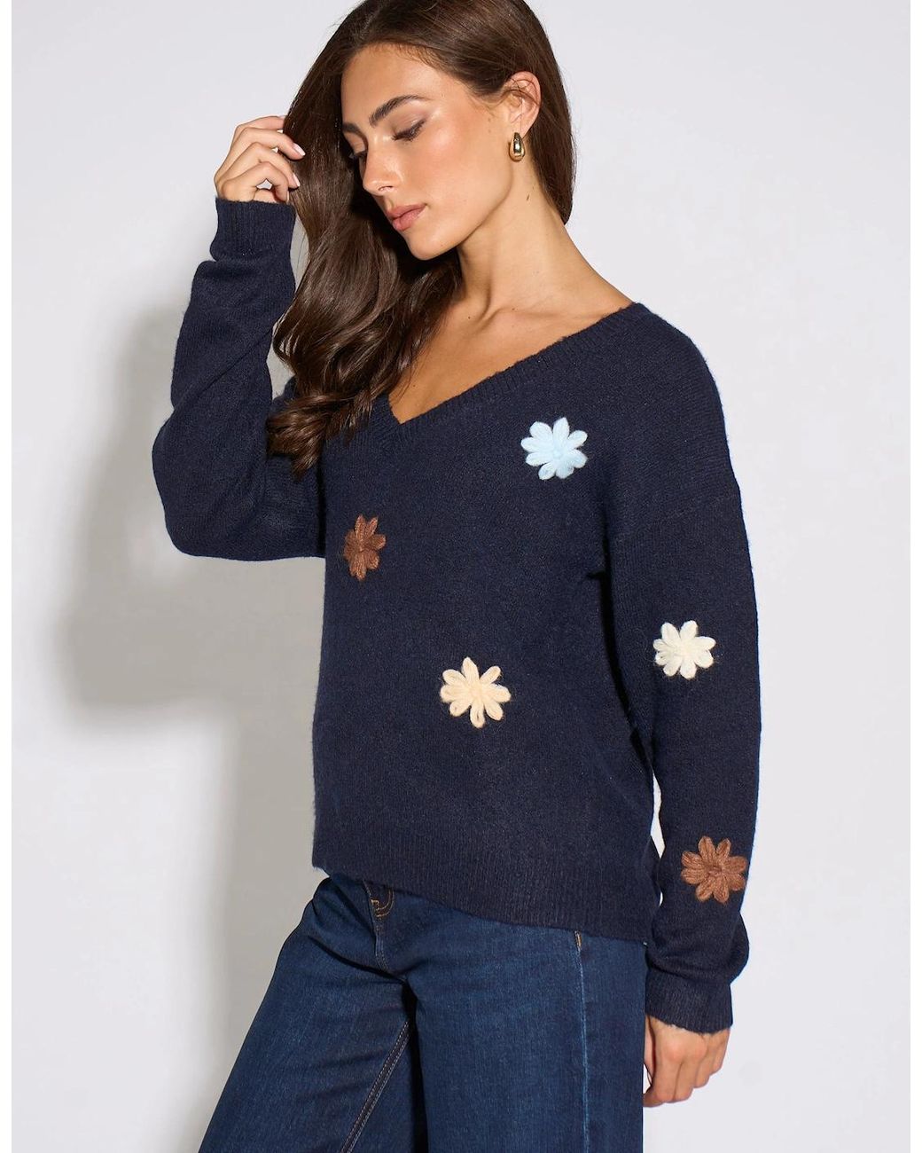 Gini London Blue Crochet 3D Floral Knitted Jumper