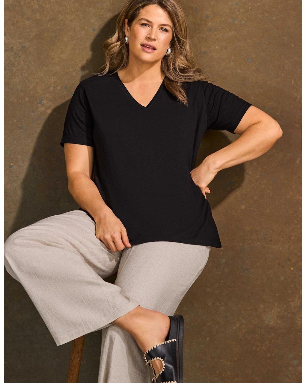 Live Unlimited London Black Cotton Slub V Neck T-Shirt