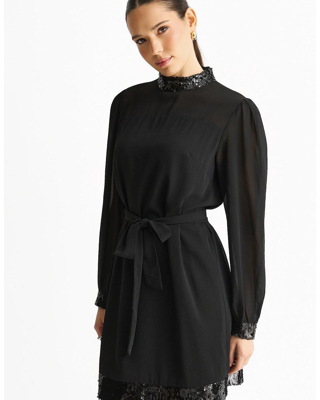 Gini London Black Sequin Trim High Neck Belted Mini Dress