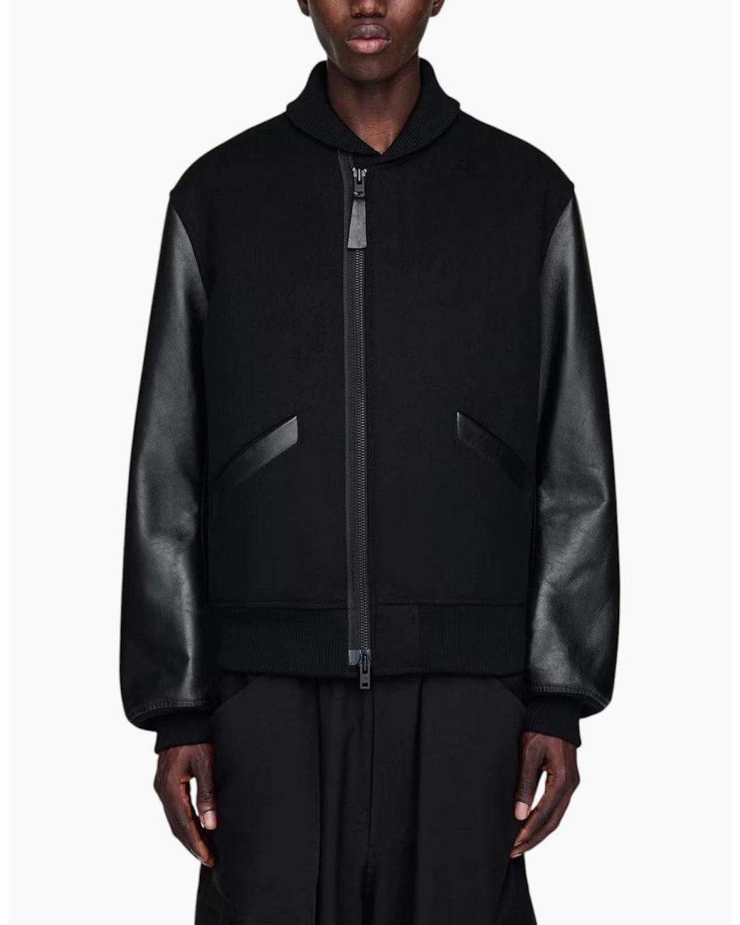 Adidas Black Y3 Letterman Jacket Full Zip Leather Sleeve Bomber Jacket for men