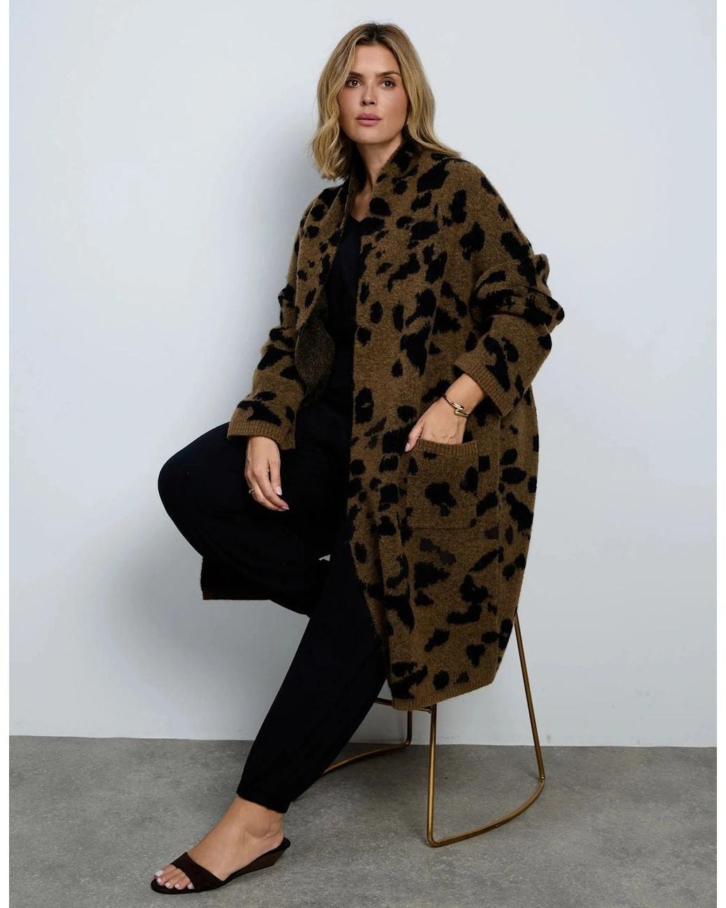 Live Unlimited London Brown Animal Alpaca Blend Coatigan With Patch Pockets
