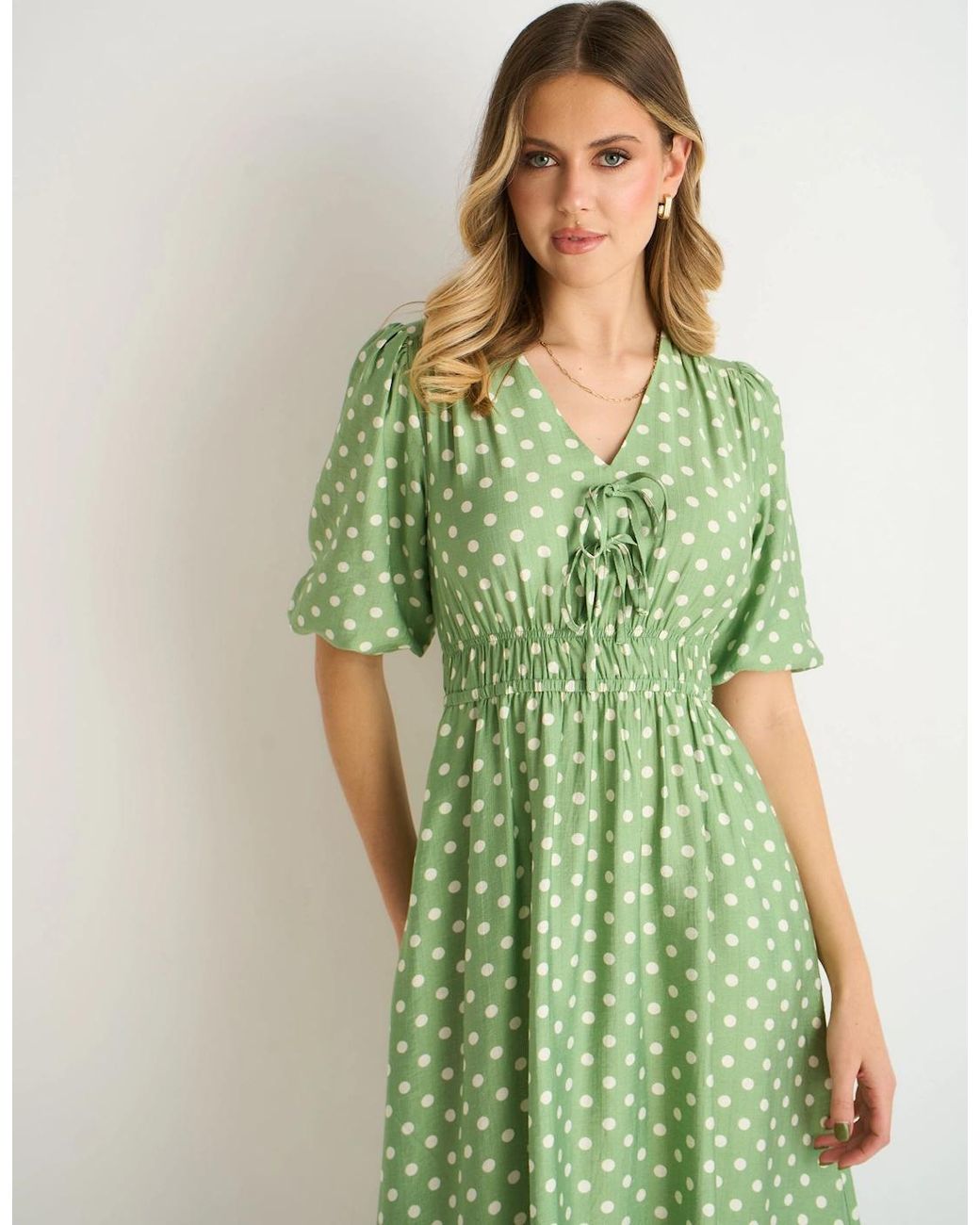 Gini London Green Sage Spot Print Shirred Waist Shift Midi Dress