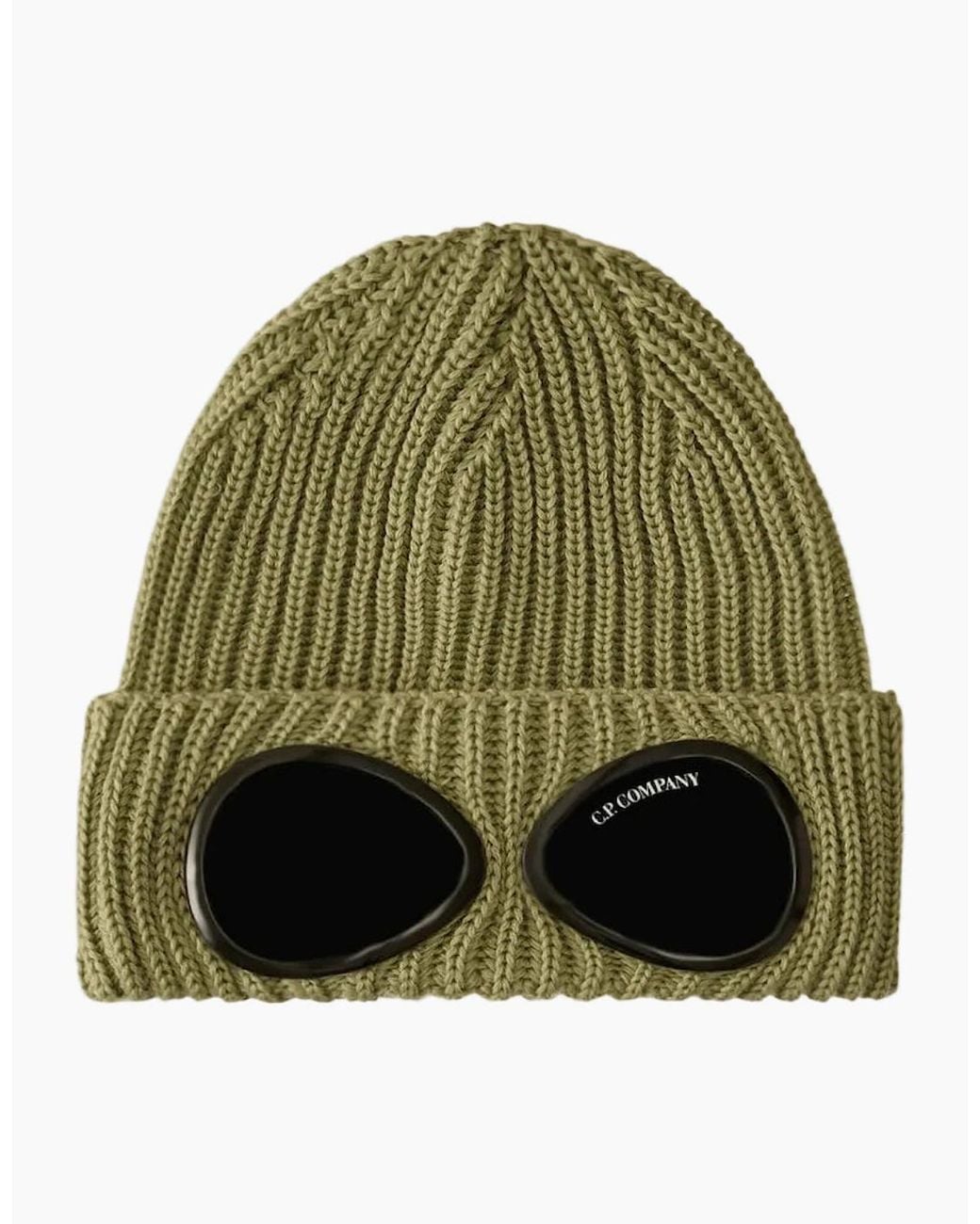 C P Company Green Extrafine Merino Wool Goggle Beanie for men