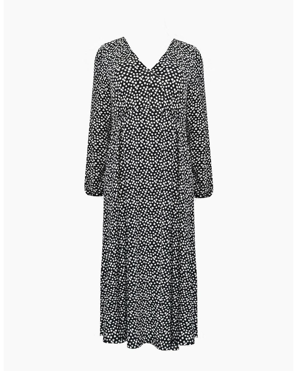 Live Unlimited London Gray Mono Ditsy Print Jersey Gathered Waist Midi Dress